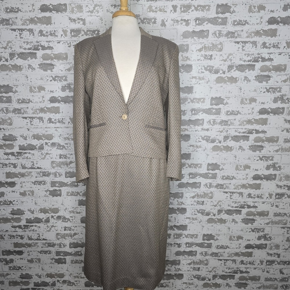 Tahari 2 Piece Skirt Suit Womens 12 Wool Silk Geometric Pattern Career Business